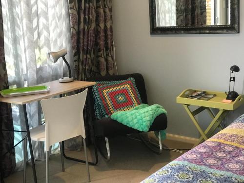 a bedroom with a desk and a chair and a bed at Cosy Caversham Retreat in Dunedin