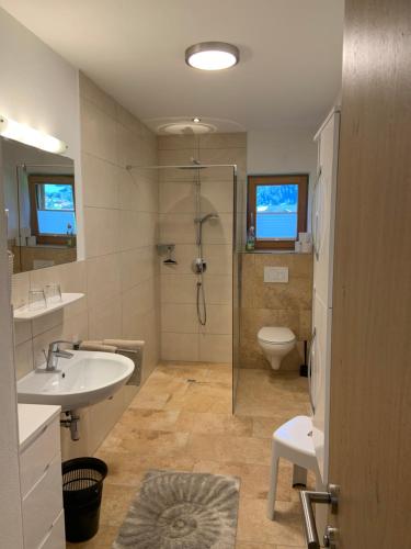a bathroom with a shower and a sink and a toilet at Ferienwohnung Lerchenhof in Wald im Pinzgau