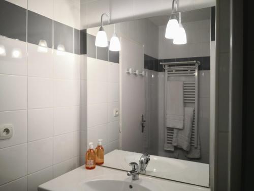 une salle de bain avec un lavabo et un miroir dans l'établissement Studio Héliopolis K Int. Village Natu, Clim, Park., au Cap d'Agde