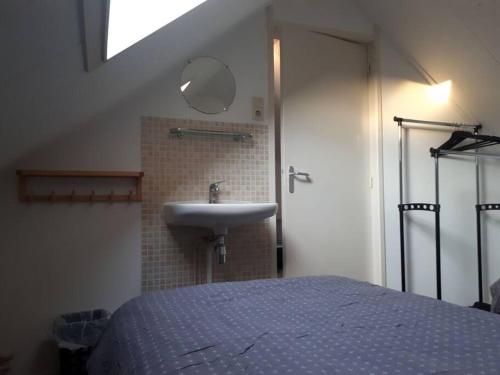 a bathroom with a bed and a sink and a mirror at Huize Visser in Egmond aan Zee