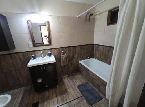 a bathroom with a sink and a bath tub and a mirror at Casa Huellas de Malbec - Montaña y paz in Las Compuertas
