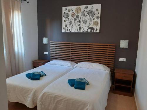 um quarto com 2 camas com almofadas azuis em Villa Coral em Corralejo