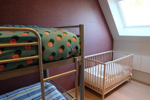 a bunk bed in a room with a window at 't Hofsteedje Watou in Watou