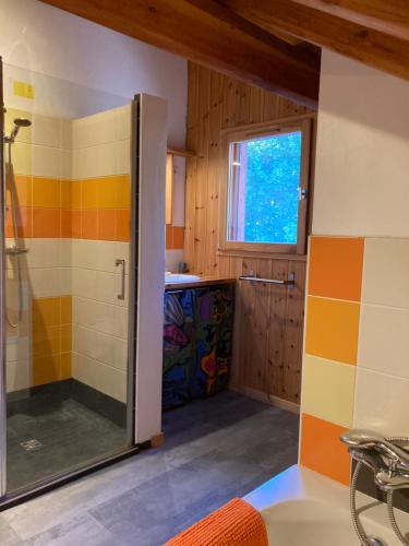 une salle de bain avec une douche avec une porte vitrée dans l'établissement Chalet bioclimatique avec vue sur le lac de Serre Ponçon, à Saint-Apollinaire