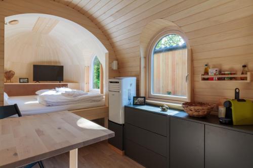 een kamer met een keuken en een bed in een kamer bij Tortuga - einfach anders! in Landau in der Pfalz