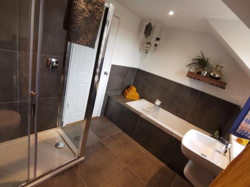 a bathroom with a shower and a sink at Pheasants Retreat with Hot Tub and Fire Pit in Trefnant