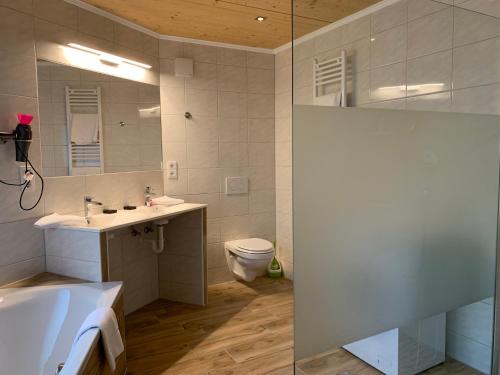 ein Badezimmer mit einem Waschbecken, einem WC und einem Spiegel in der Unterkunft Chalet Mia in Wängle bei Reutte in Reutte