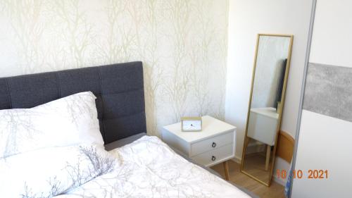 a bedroom with a bed and a mirror at Apartment Weberstrasse in Tübingen
