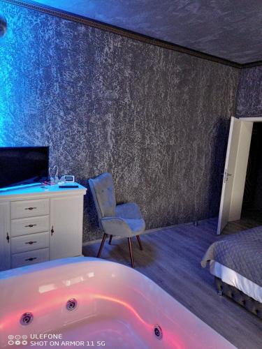 a bedroom with a tub and a bed and a desk at Valeria's Nest in Reşiţa