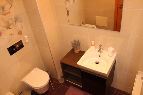 uma casa de banho com um lavatório e um WC em Casa do Mar - Apartamento com vista Ria e Mar na Fuzeta