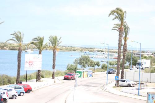 a street with cars parked on a road with palm trees at Casa do Mar - Apartamento com vista Ria e Mar in Fuzeta
