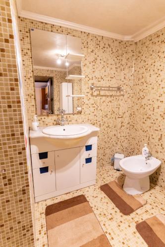 a bathroom with a sink and a toilet at Mario's Cozy Apartment in Râşnov