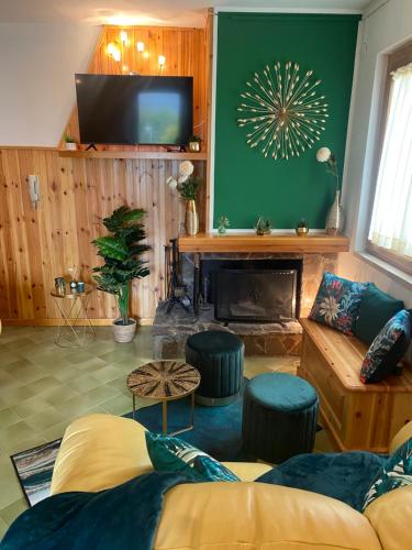 a living room with a couch and a fireplace at Artemide Domus in Pescocostanzo