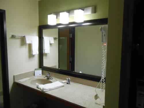 a bathroom with a sink and a large mirror at AmericInn by Wyndham Grand Rapids in Grand Rapids