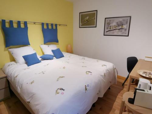 ein Schlafzimmer mit einem großen weißen Bett mit blauen Kissen in der Unterkunft Les Sittelles - Tilff in Esneux