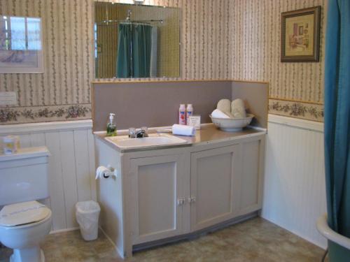 a bathroom with a sink and a toilet and a mirror at Bayside Inn in Digby