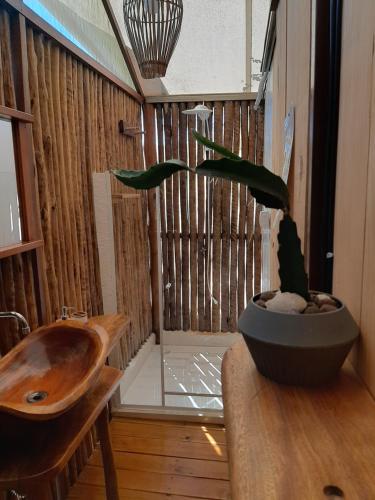 un baño con lavabo y una planta sobre una mesa en Glamping Algodões, en Maraú