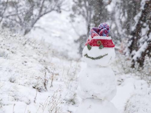 a snowman with a hat on its head in the snow at Kickenback Studio - Gym l Indoor Pool l Tennis l Air-Con l WiFi l BBQ in Crackenback