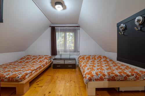 - une chambre mansardée avec 2 lits et une fenêtre dans l'établissement Victoria Guest House Harghita, à Harghita-Băi