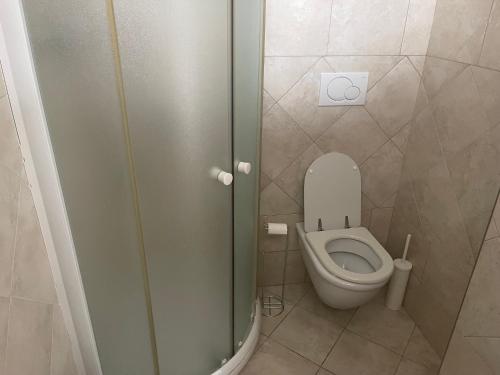 a bathroom with a toilet and a glass shower stall at Castello Aragonese Suites in Taranto