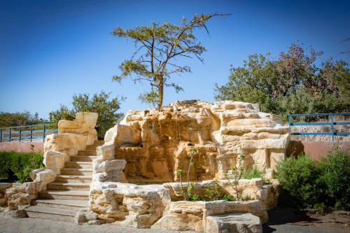 a stone wall with stairs and a tree on top at Navarria Blue Hotel in Limassol
