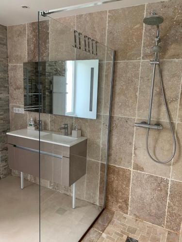une salle de bain avec un lavabo et une douche dans l'établissement Villa Marcel Spa Sauna Billard Piscine 25mn de Bordeaux, à Cérons