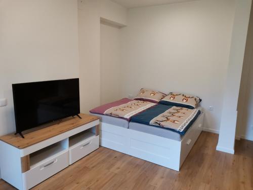 a small bedroom with a bed and a flat screen tv at Ferienwohnungen Hebalm in Pack
