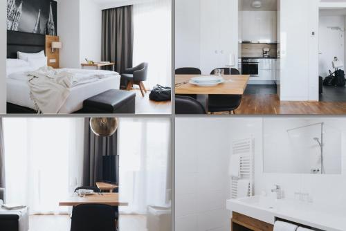 a collage of photos of a bedroom and a living room at Parks 73 The Townhouse Hotel in Vienna