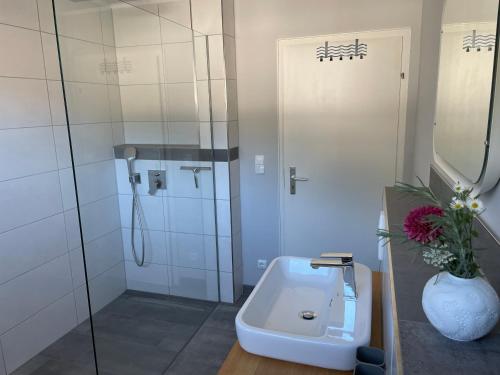 a bathroom with a shower and a white sink at Ferienwohnung „Zur alten Brauerei“ in Mesenich