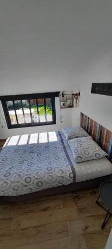 Bett in einem Zimmer mit Fenster in der Unterkunft L atelier des rêves in Cressonsacq