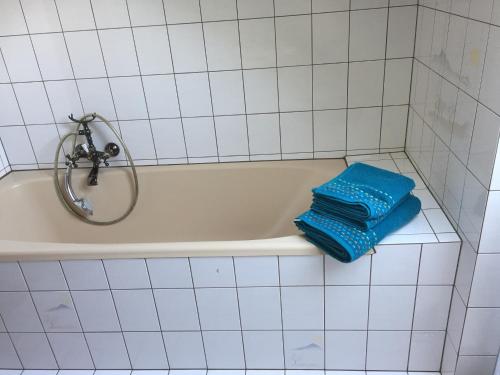 a bathroom with a tub with two blue towels at Ferienwohnung Wiesinger in Windelsbach