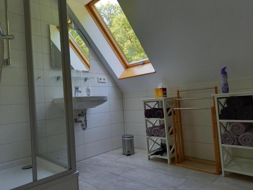 uma casa de banho com um lavatório, um chuveiro e uma janela. em Ferienhaus Buschmuehle - Stolpen em Stolpen
