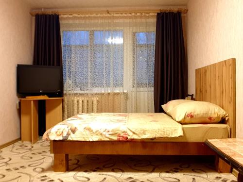 アルハンゲリスクにあるYanemezStayのベッドルーム(ベッド1台、テレビ、窓付)