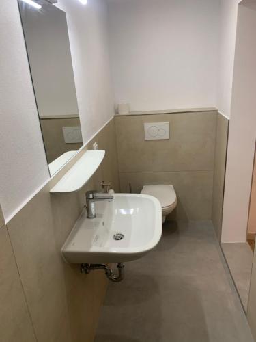 a bathroom with a white sink and a toilet at Smart Stay Rooms Feldkirch in Feldkirch