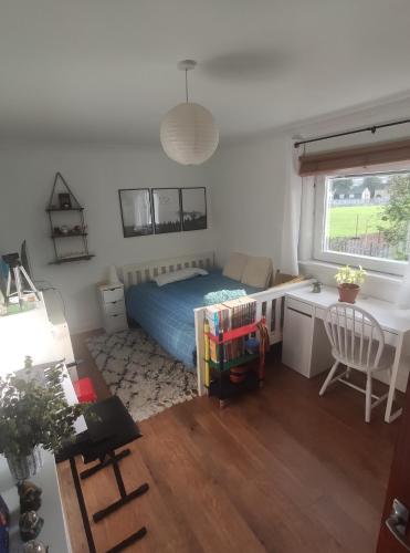 a bedroom with a blue bed and a desk at Single bedroom in quiet neighbourhood in Mount Vernon