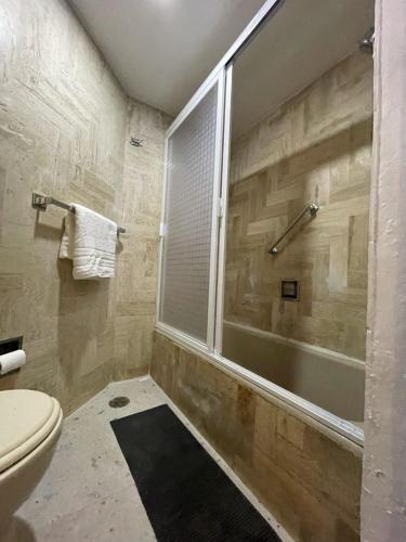 a bathroom with a shower and a toilet and a tub at Suite frente al mar en Torres Gemelas Acapulco in Acapulco