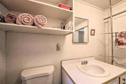 a bathroom with a white toilet and a sink at Rustic Retreat Across from Lake Family Friendly! in Union