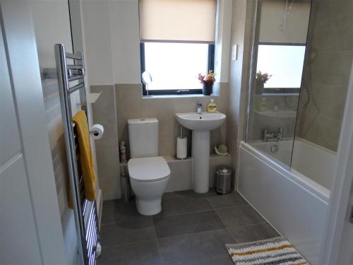 a small bathroom with a toilet and a sink at Old Station Apartments in Cambridge