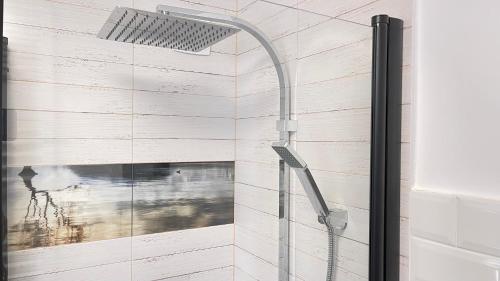 a shower in a bathroom with a glass door at Maple Lodge in Braşov