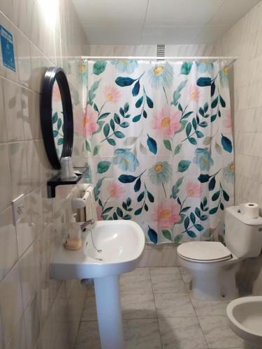 ein Badezimmer mit einem Duschvorhang, einem WC und einem Waschbecken in der Unterkunft Hostal Ruta Del Sur in Huéscar