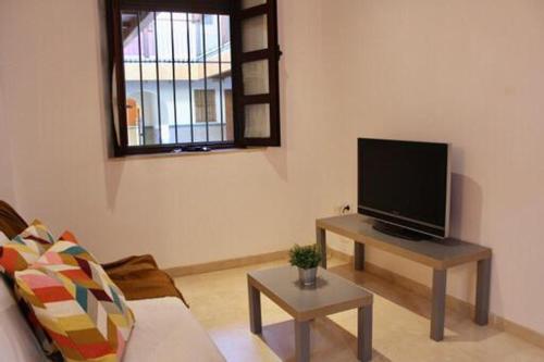 uma sala de estar com uma televisão de ecrã plano sobre uma mesa em WISH SUITE MORERA em Sevilha