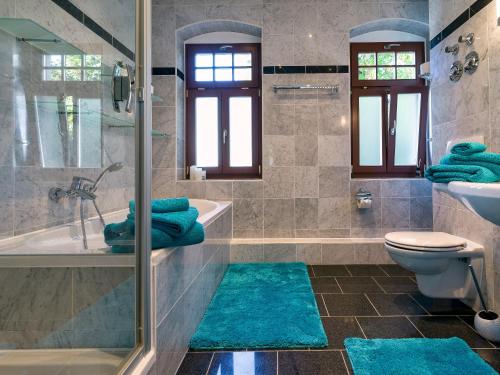 a bathroom with a tub and a toilet and a sink at Villa am Grossen Garten in Dresden