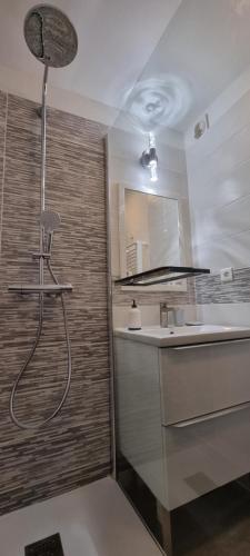 ein Badezimmer mit Dusche, Waschbecken und Spiegel in der Unterkunft Vacances Ô Cap Coz - Jardin vue mer et piscine - Résidence Cap Azur Fouesnant in Fouesnant