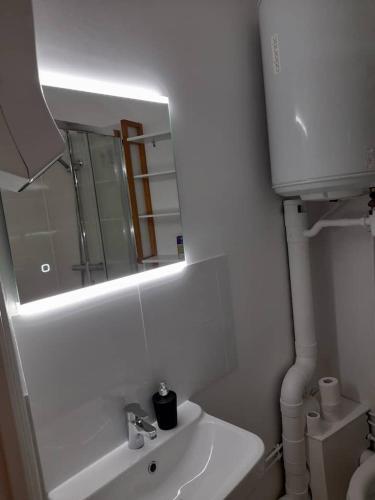une salle de bain blanche avec un lavabo et un miroir dans l'établissement STUDIO ROUGE à 5 minutes de la Cathédrale et Néoma, à Reims
