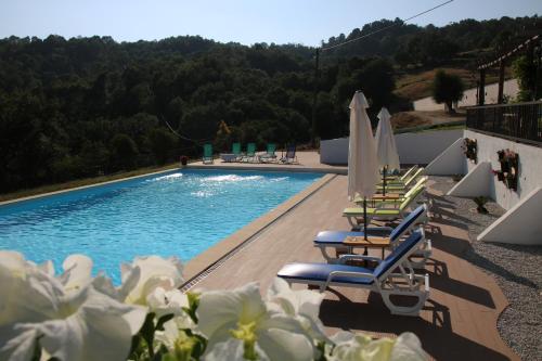a swimming pool with lounge chairs and umbrellas at Alqueiturismo - Casas de Campo in Guarda