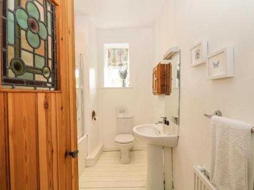 łazienka z toaletą, umywalką i oknem w obiekcie Clamoak Cottage w mieście Yelverton