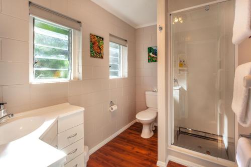 a bathroom with a toilet and a sink and a shower at Brookby Motel in Thames