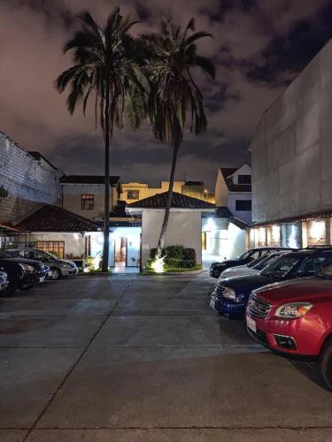 a parking lot at night with palm trees and cars at Hotel Calle Angosta in Cuenca