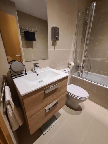 een badkamer met een wastafel, een toilet en een douche bij New Dúplex a 25m del telecabina de La Massana 643 in La Massana