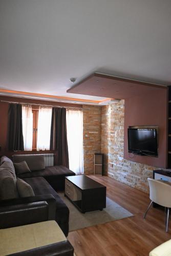 a living room with a couch and a tv at Apart & Spa Zoned in Kopaonik